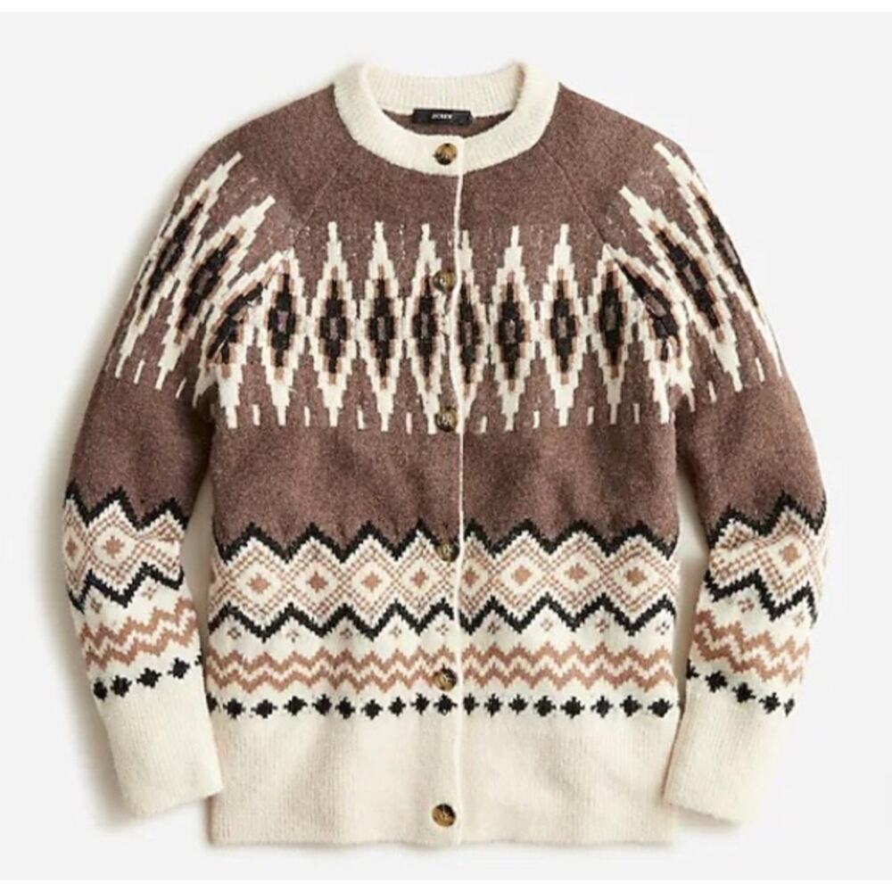 J Crew Fair Isle Cardigan Womens Heather Fawn Muslin Alpaca/Merino Wool M - Picture 5 of 8